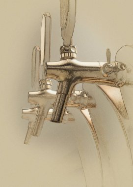 Kalem kroki ve suluboya tekniği, ahşap ve pirinç fıçı bira bir satırın bir dokulu kahverengi kağıt adam musluklar