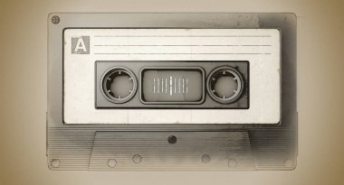 Bir siyah vintage ses Kaset beyaz etiketli bir görünümü üzerinde bir dokulu kahverengi kağıt adam kadar bir yakın bir kalem kroki ve suluboya tekniği