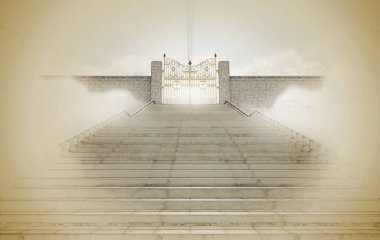 A pencil sketch and watercolor technique concept depicting the majestic pearly gates of heaven surrounded by clouds and the staircase leading up to them on a textured brown paper backgroun clipart