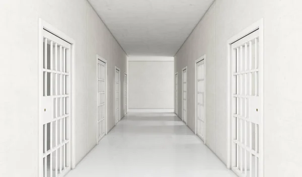 近代的刑務所を見せて 明るい廊下シャット ダウン刑務所細胞ドア インテリアの概念をレンダリングします — ストック写真