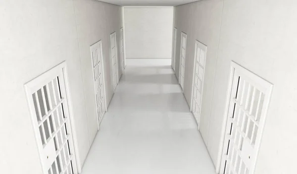 Концепция Интерьера Хорошо Освещенный Коридор Современной Тюрьме Закрытыми Дверьми Тюремных — стоковое фото