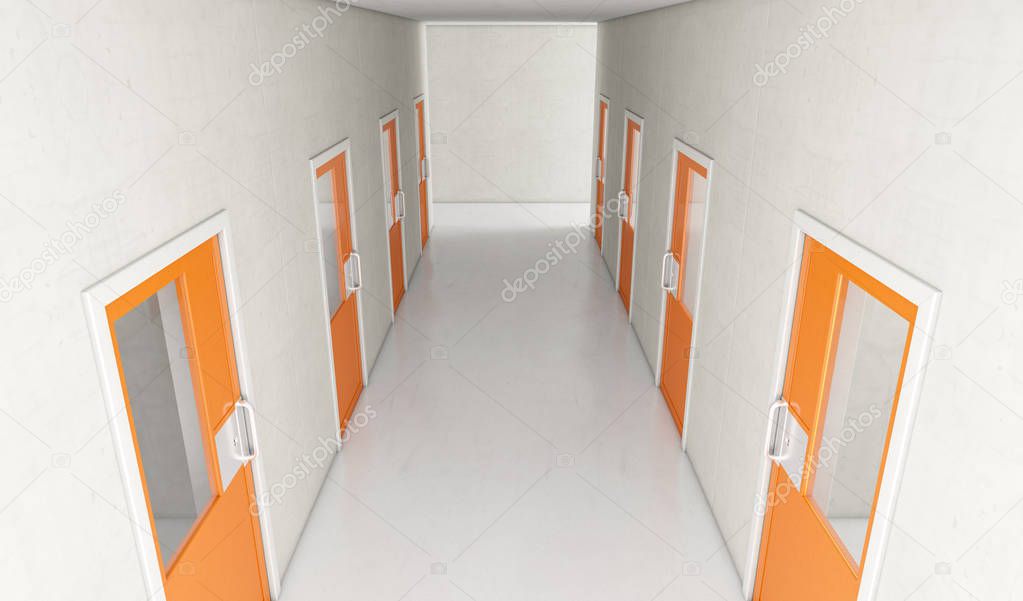 An interior concept a well lit corridor in a modern prison showing orange shut jail cells doors - 3D render