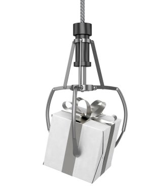 Robot pençe kaydırılan bir hediye izole bir beyaz gümüş bir yay ile sürükleyici bir arcade türü oyun üzerinden arka plan - 3d render