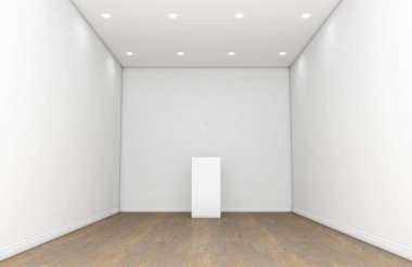 Bir Galeri oda iç beyaz duvarlar ve ahşap zemin ve boş bir podyum veya Süpürgelik uzak bitiş - 3d render görüntüleme