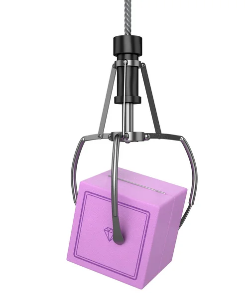 孤立した白地閉じたピンク リング ボックスを握るアーケード型ゲームからロボット爪背景 レンダリング — ストック写真