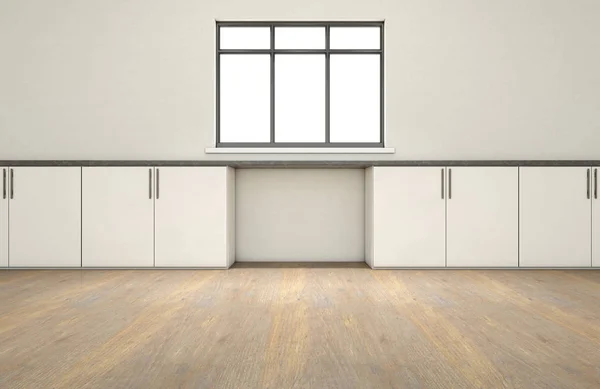 一个非常干净的空厨房的内部 有一排建在柜子里 有一个空的缝隙和一个清晰的窗户 — 图库照片