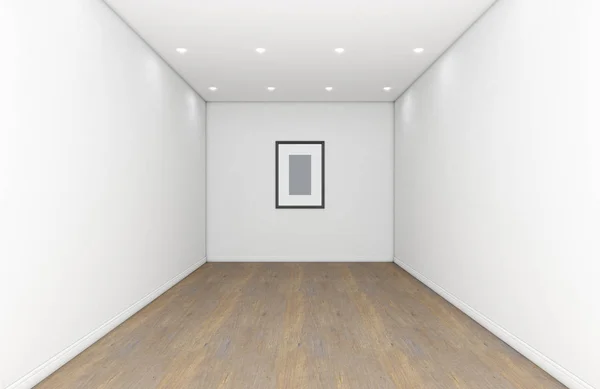 A gallery room interior with white walls and wooden floors and an empty picture frame hanging on the far wall - 3D render