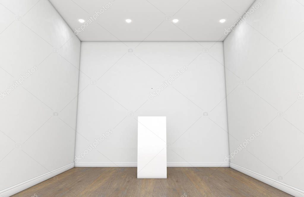 A gallery room interior with white walls and wooden floors and an empty display podium or plinth at the far end - 3D render