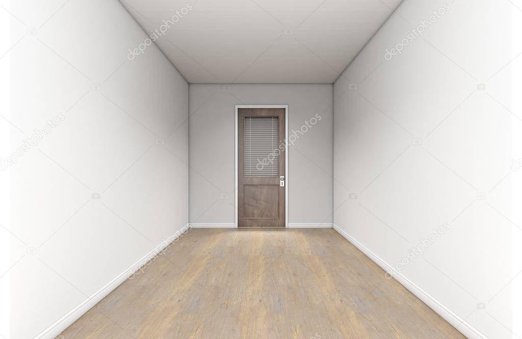 A passage room interior with white walls and wooden floors and a shut wooden office door at the far end - 3D render