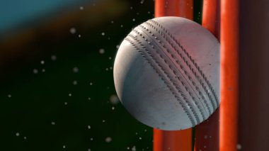 An extreme closeup of a white leather stitched cricket ball hitting orange wickets with dirt particles emanating from the impact at night - 3D render clipart