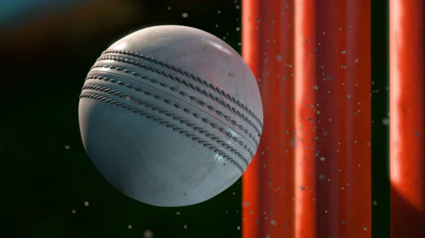 Extreme Closeup White Leather Stitched Cricket Ball Hitting Orange Wickets — Stock Photo, Image