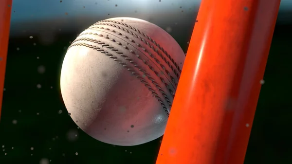 レンダリング時の衝撃から発せられる汚れ粒子とオレンジのウィケットを押す白い革ステッチ クリケット ボールの極端なクローズ アップ — ストック写真