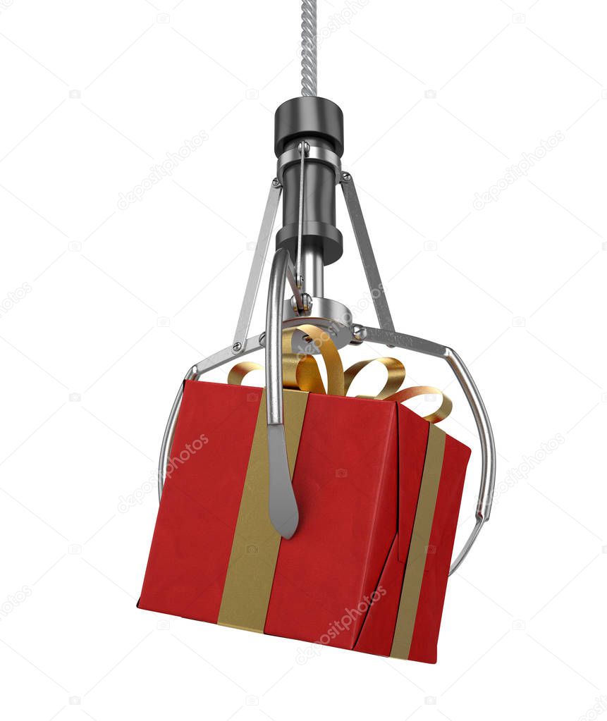 A robotic claw from an arcade type game gripping a small wrapped gift with a gold bow on an isolated white background - 3D render