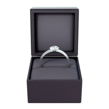 Gümüş bir nişan yüzüğü ile ve büyük bir açık küp şeklinde siyah yüzük kutusu elmas bir izole beyaz arka plan - 3d render kesti.