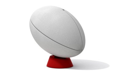 Yalıtılmış bir beyaz bir tekme tee bir düz beyaz dokulu rugby topu arka plan - 3d render