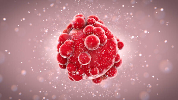 A macro closeup of a red flesh cell in a body with various sized tumors attached to it - 3D render