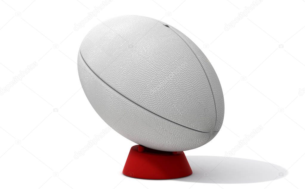 A plain white textured rugby ball on a kicking tee on a isolated white background - 3D render