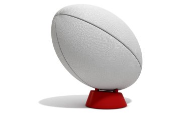 Yalıtılmış bir beyaz bir tekme tee bir düz beyaz dokulu rugby topu arka plan - 3d render