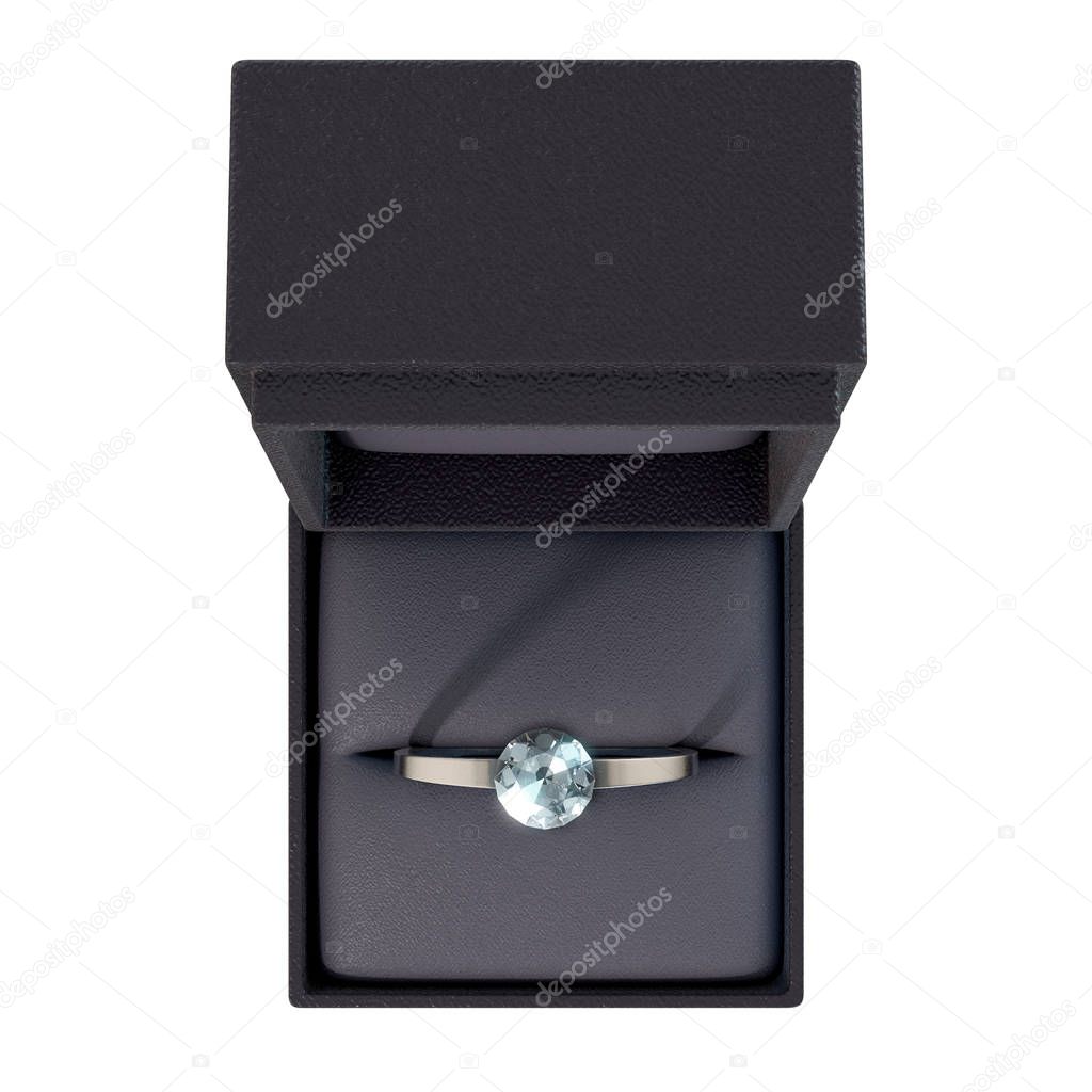 An open cube shaped black ring box with a silver engagement ring and large cut diamond on an isolated white background - 3D render