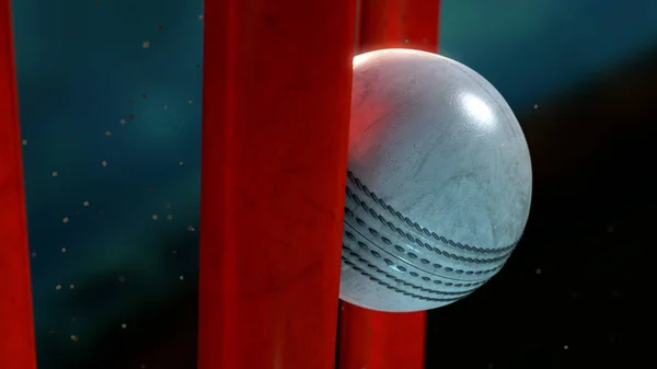 レンダリング時の衝撃から発せられる汚れ粒子とオレンジのウィケットを押す白い革ステッチ クリケット ボールの極端なクローズ アップ — ストック写真