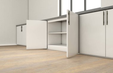 Bir iç kapılar bir dizi yerleşik dolapları bir satırla çok temiz boş mutfak açmak - 3d render