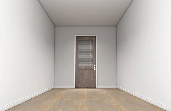 白い壁と木製の床の遠端の レンダリングでシャット ダウン木製オフィスのドアと通路部屋インテリア — ストック写真