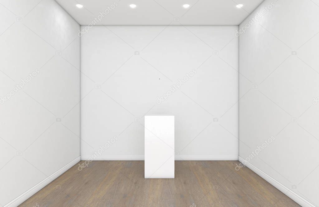 A gallery room interior with white walls and wooden floors and an empty display podium or plinth at the far end - 3D render