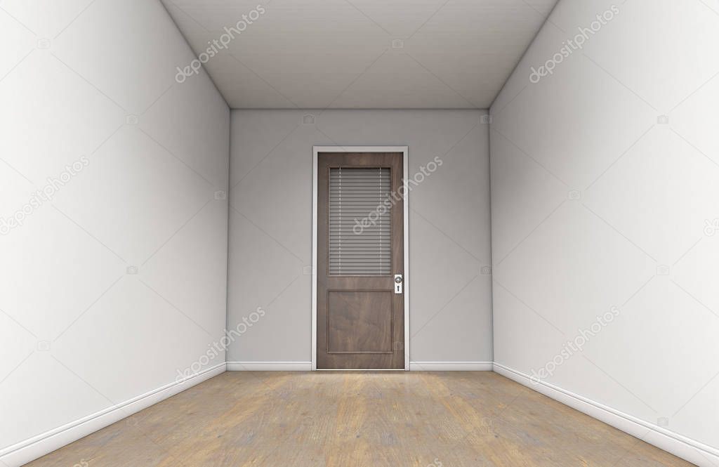 A passage room interior with white walls and wooden floors and a shut wooden office door at the far end - 3D render