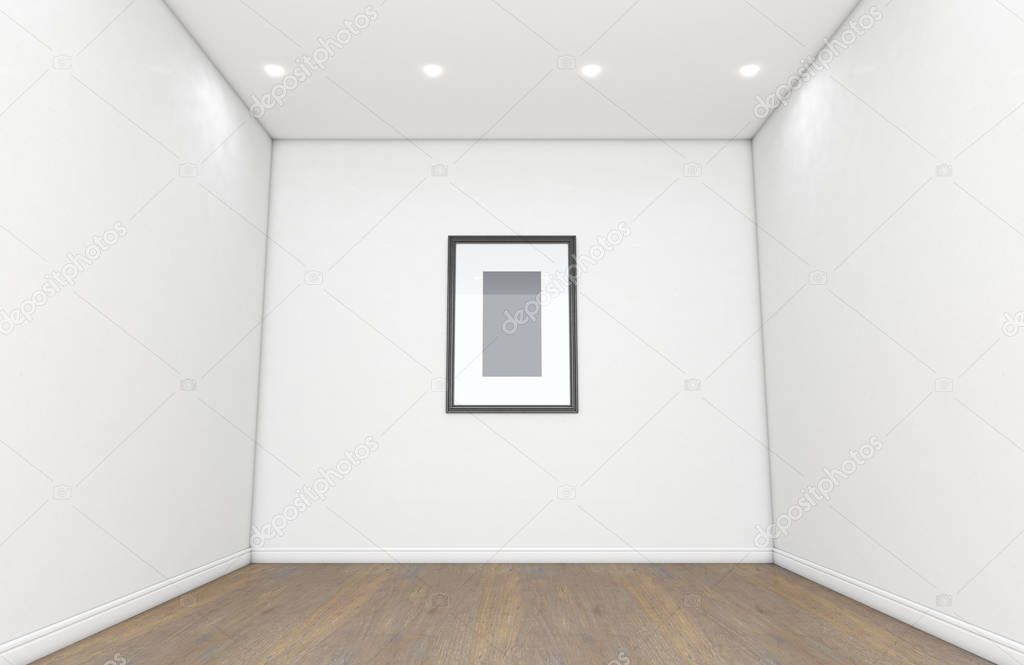 A gallery room interior with white walls and wooden floors and an empty picture frame hanging on the far wall - 3D render