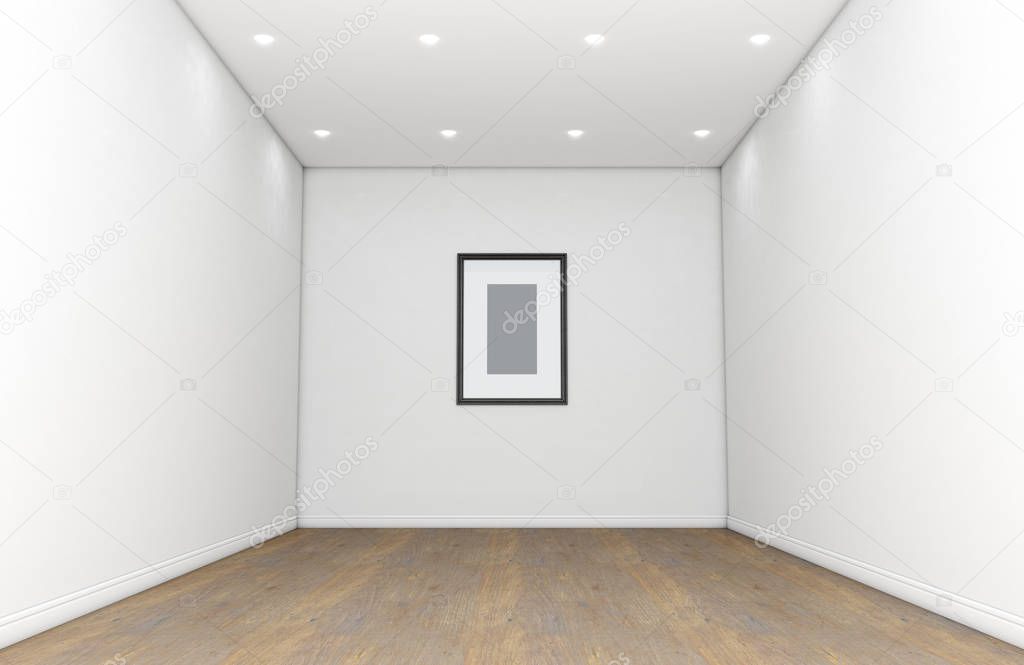 A gallery room interior with white walls and wooden floors and an empty picture frame hanging on the far wall - 3D render