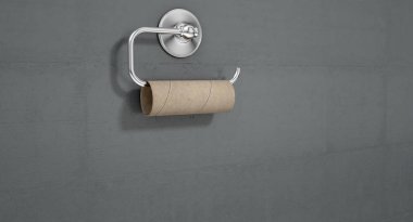 An emptied roll of toilet paper hanging on a chrome toilet roll holder on an isolated white textured background - 3D render clipart