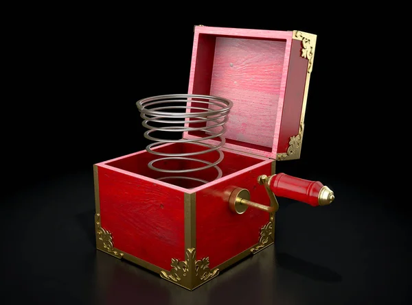 An antique open jack-in-the-box mad of red wood and gold trimmings with an unattached spring  - 3D render