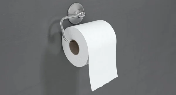 A roll of white toilet paper hanging on a chrome toilet roll holder on an isolated white textured background - 3D render