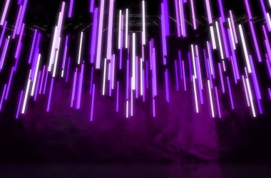 Mor Floresan Tüp ışıklar bir konser Sahne Alanı'nda iskele dekorasyon - 3d render olarak asılı topluluğu