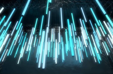 Mavi Floresan Tüp ışıklar bir konser Sahne Alanı'nda iskele dekorasyon - 3d render olarak asılı topluluğu