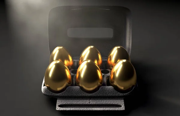 Seis ovos dourados em uma caixa de ovo — Fotografia de Stock