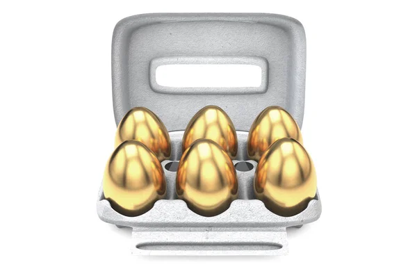 Seis huevos de oro en un cartón de huevo — Foto de Stock