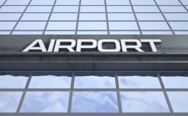 Gün içinde maruz beton ve yansıtıcı cam yapılmış modern bir jenerik Havaalanı Binası girişinde yukarıda tabela-3D render