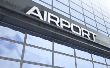 Gün içinde maruz beton ve yansıtıcı cam yapılmış modern bir jenerik Havaalanı Binası girişinde yukarıda tabela-3D render