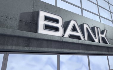 Gün içinde maruz beton ve yansıtıcı cam yapılmış modern bir jenerik banka binası girişinde yukarıda tabela-3D render
