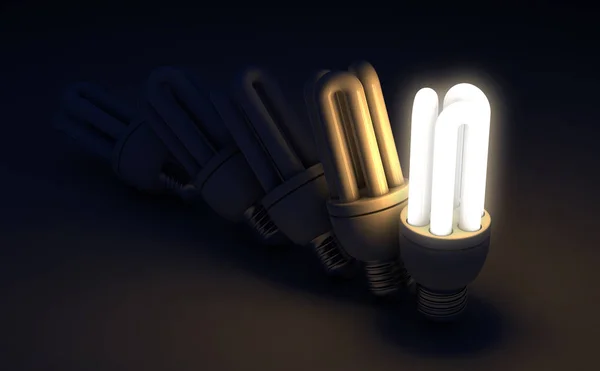 Bombilla de luz única iluminada en fila — Foto de Stock