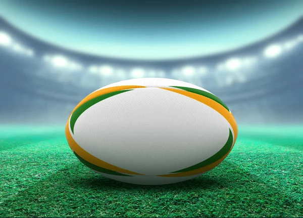 Upplyst stadion och Rugby Ball — Stockfoto