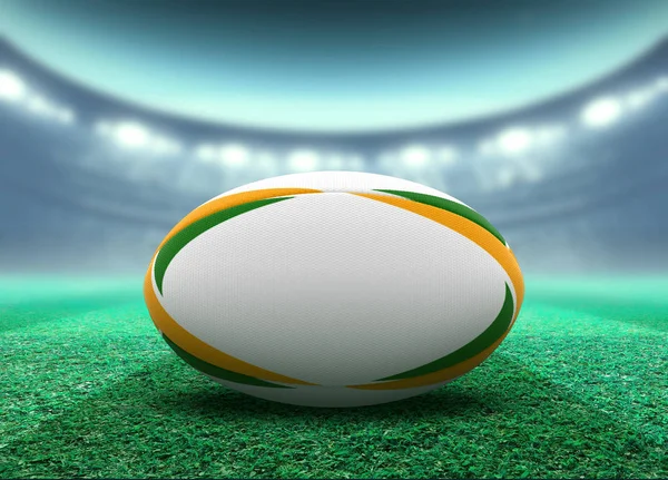 Floodlit Stadium And Rugby Ball — Stock Photo, Image