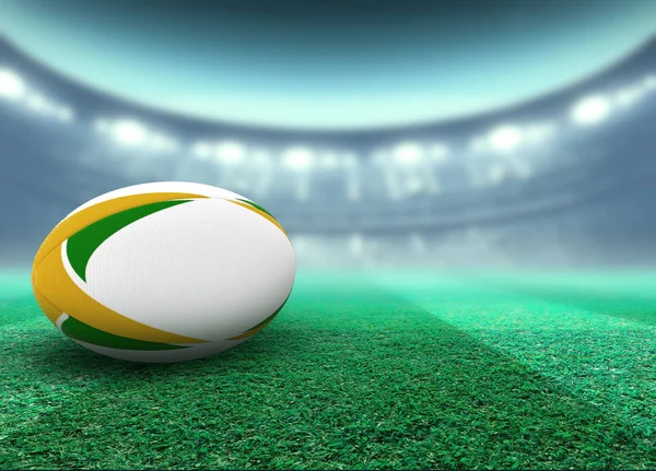 Verlichte stadion en rugby bal — Stockfoto