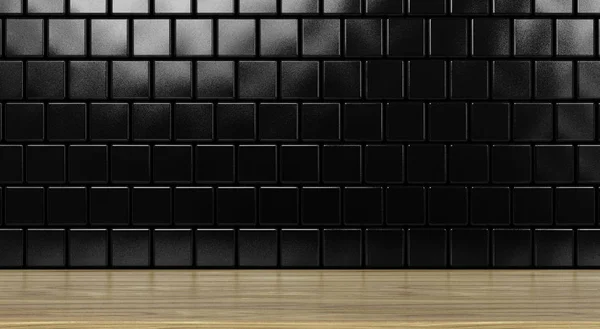 Plank op een zwarte tegel muur — Stockfoto