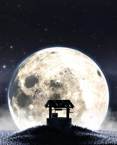 Wishing Well And Moon Silhouette — Stock Photo, Image