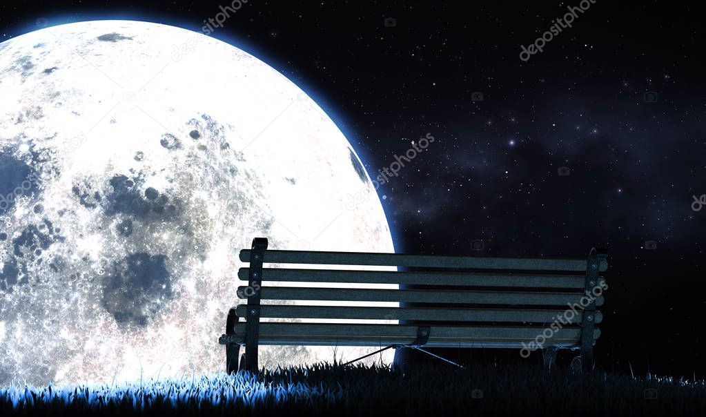 Empty Bench And Moon Silhouette