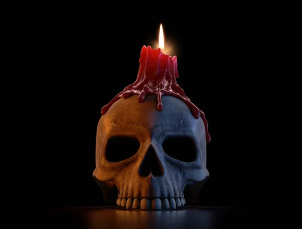 Skull And Melted Lit CAndle — Stock Photo, Image