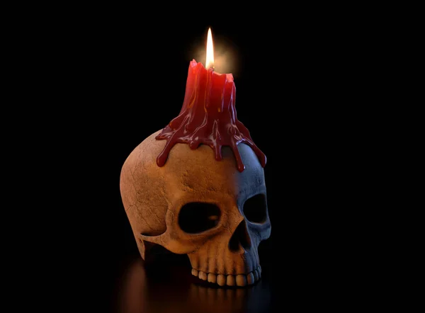 Skull And Melted Lit CAndle — Stock Photo, Image