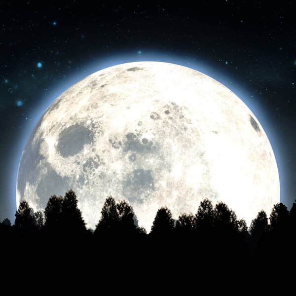 A concept image showing the night sky above a forest of pines trees on the backdrop of a full moon and starry night background - 3D render